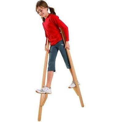 Szczudła drewniane cyrkowe dwustopniowe podwójne CZERWONO NIEBIESKIE 170 cm dla dzieci i dorosłych
