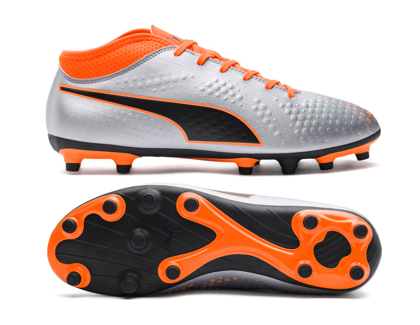 Srebrno-pomarańczowe buty piłkarskie Puma One 4 Syn FG 104749 01