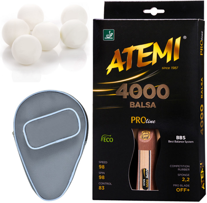 Zestaw Atemi 4000 AN - rakietka do tenisa stołowego (rączka anatomiczna) + piłeczki + pokrowiec